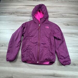The North Face Girls Reversible Hooded Jacket Purple Pink Fleece Size S 7/8